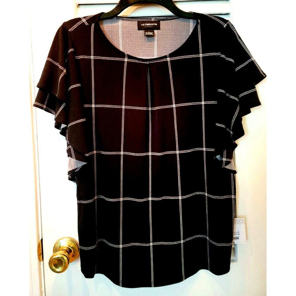 NEW LIZ CLAIBORNE Stretch Blouse Flutter Sleeve Black Windowpane Plaid Women's L